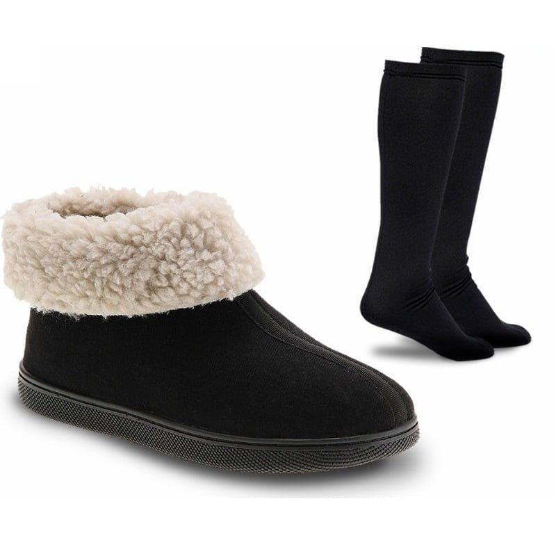Kit Pantufa Conforto Forrada em Lã Sintética Hipoalérgica Solado Antiderrapante 752GI Preto + 1 Par de Meias Térmicas